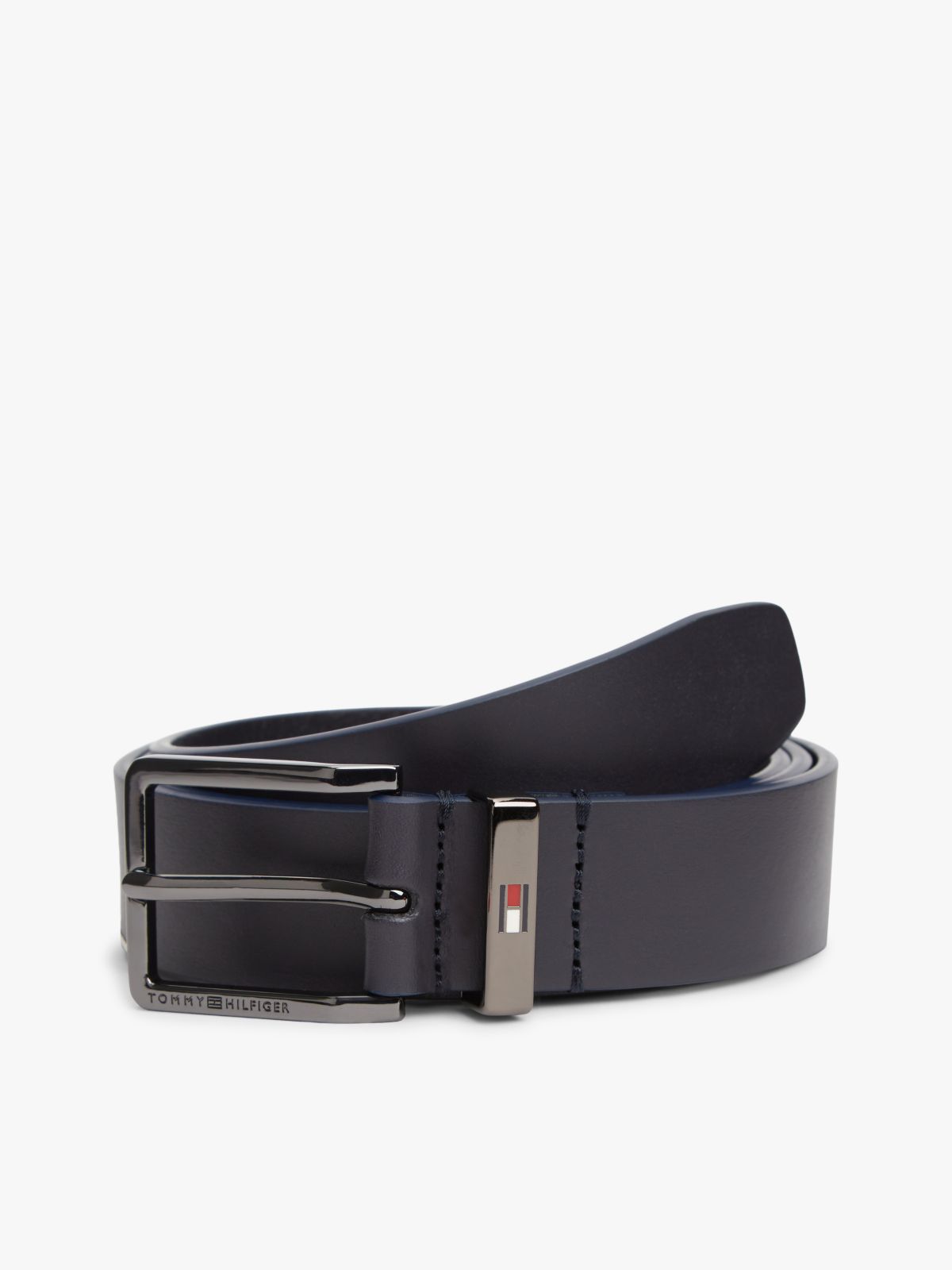 Debossed Logo Square Buckle Leather Belt — Blue