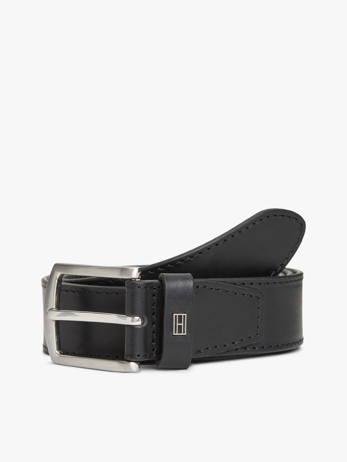 Denton Square Buckle Leather Belt — Black