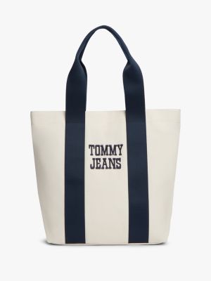 beige textured logo canvas tote bag for men tommy jeans