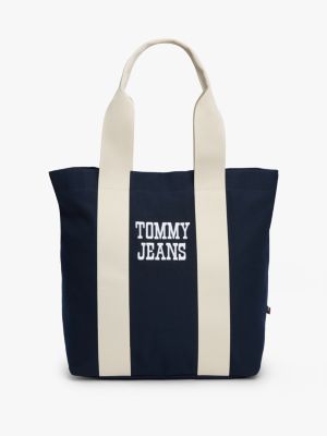 blue textured logo canvas tote bag for men tommy jeans