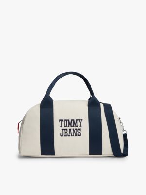 beige textured logo canvas duffel bag for men tommy jeans