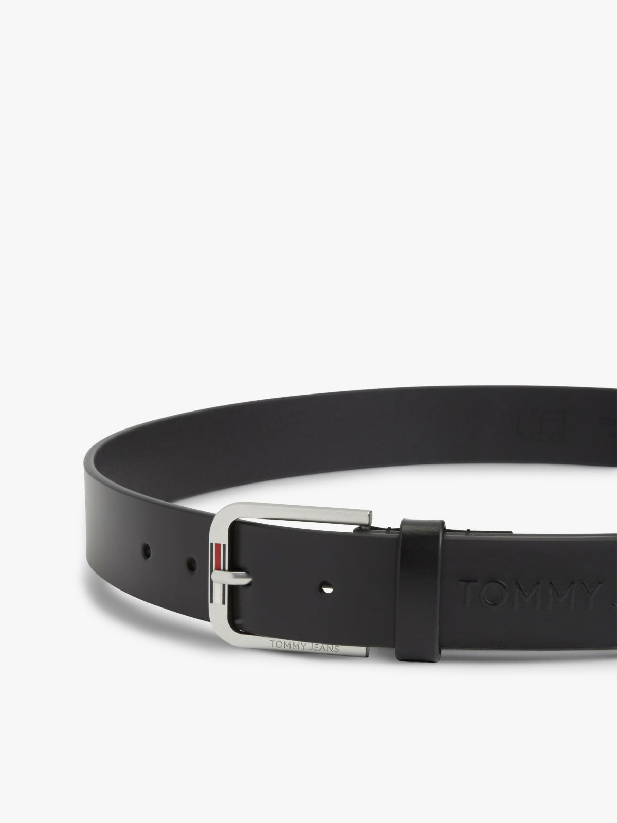 Austin Embossed Logo Leather Belt — Black