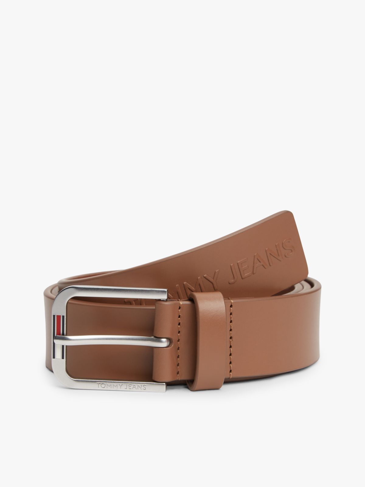 Austin Embossed Logo Leather Belt — Brown