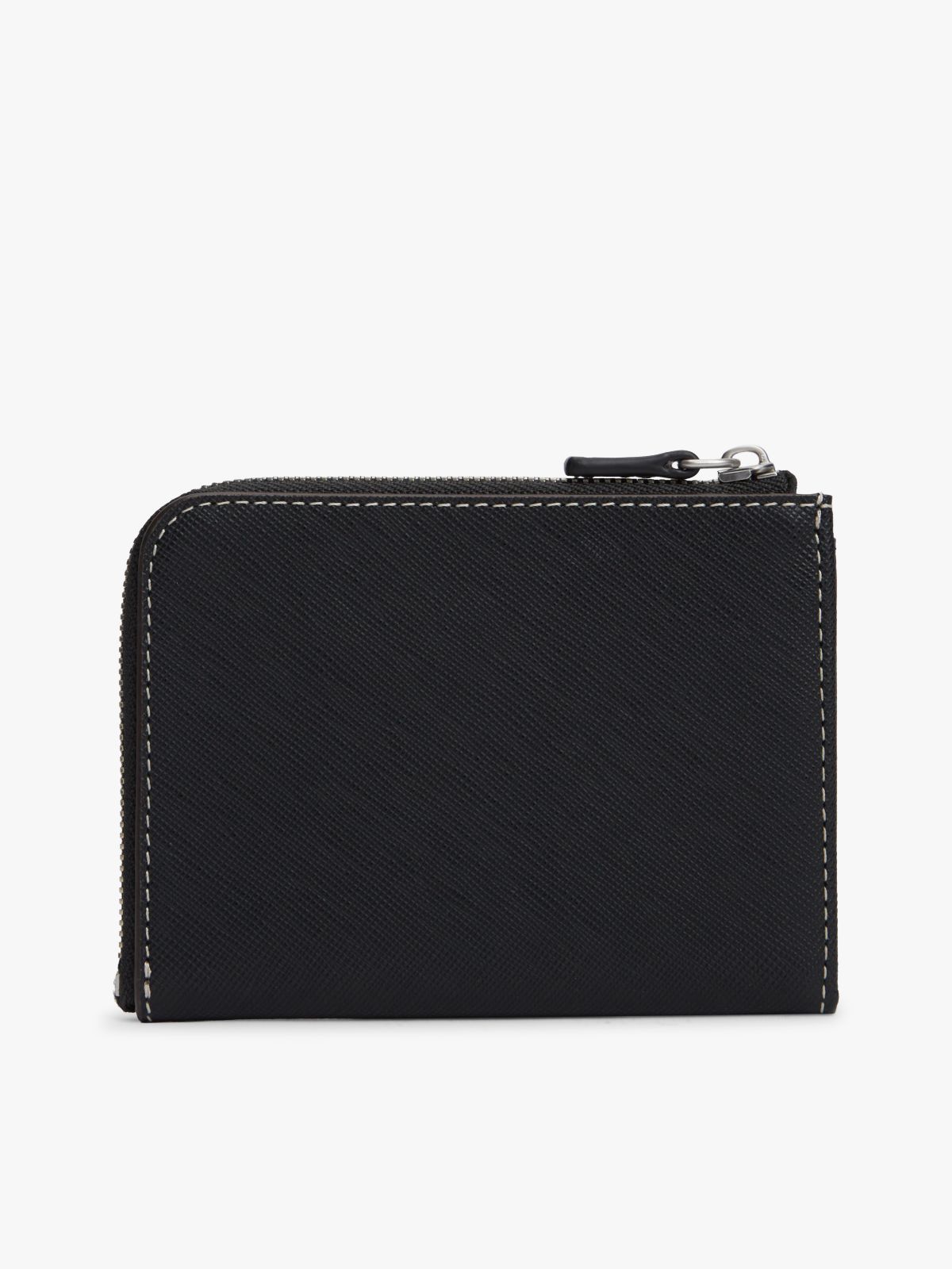Leather Contrast Topstitch Zip-Around Wallet — Black