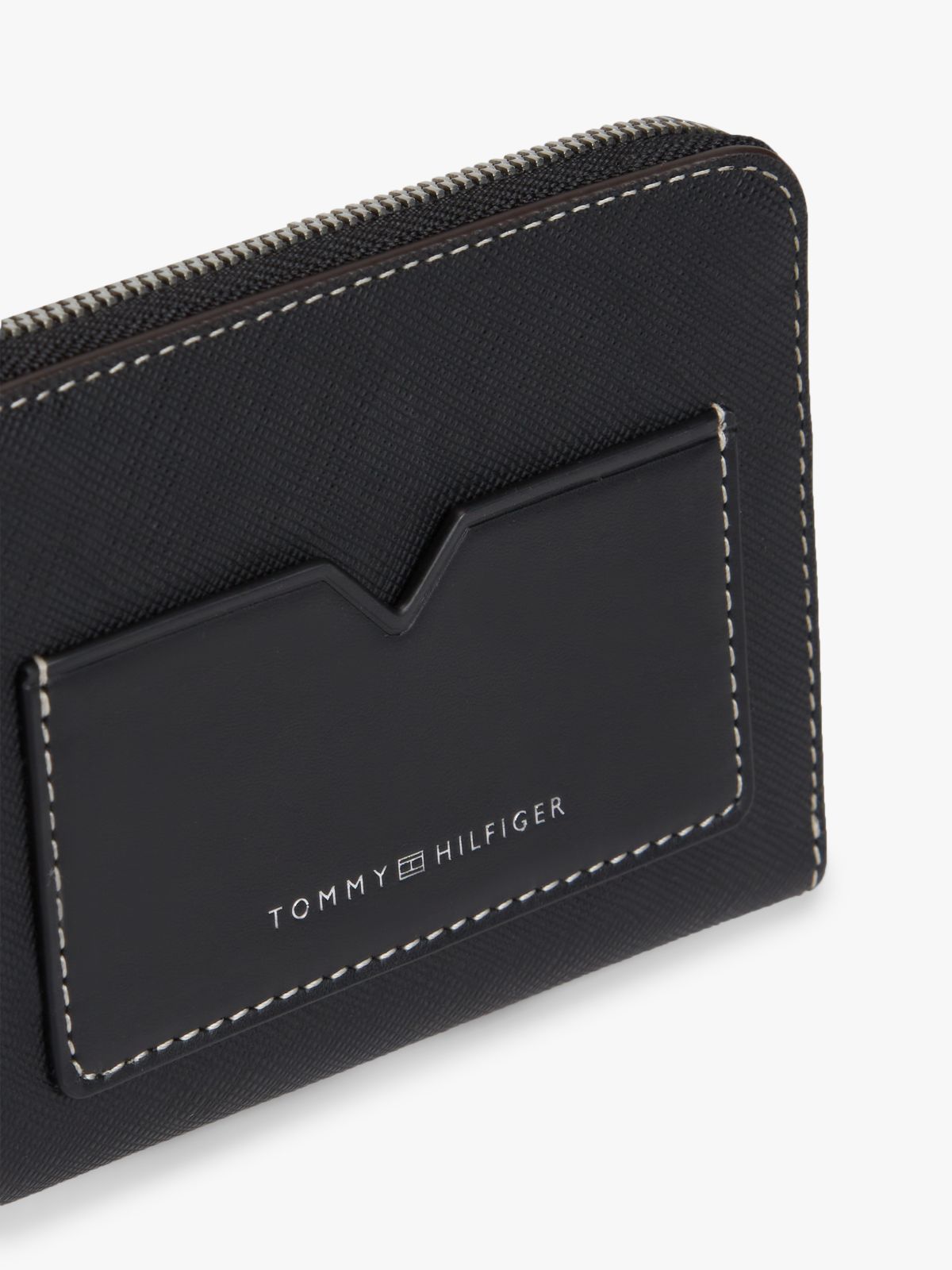 Leather Contrast Topstitch Zip-Around Wallet — Black