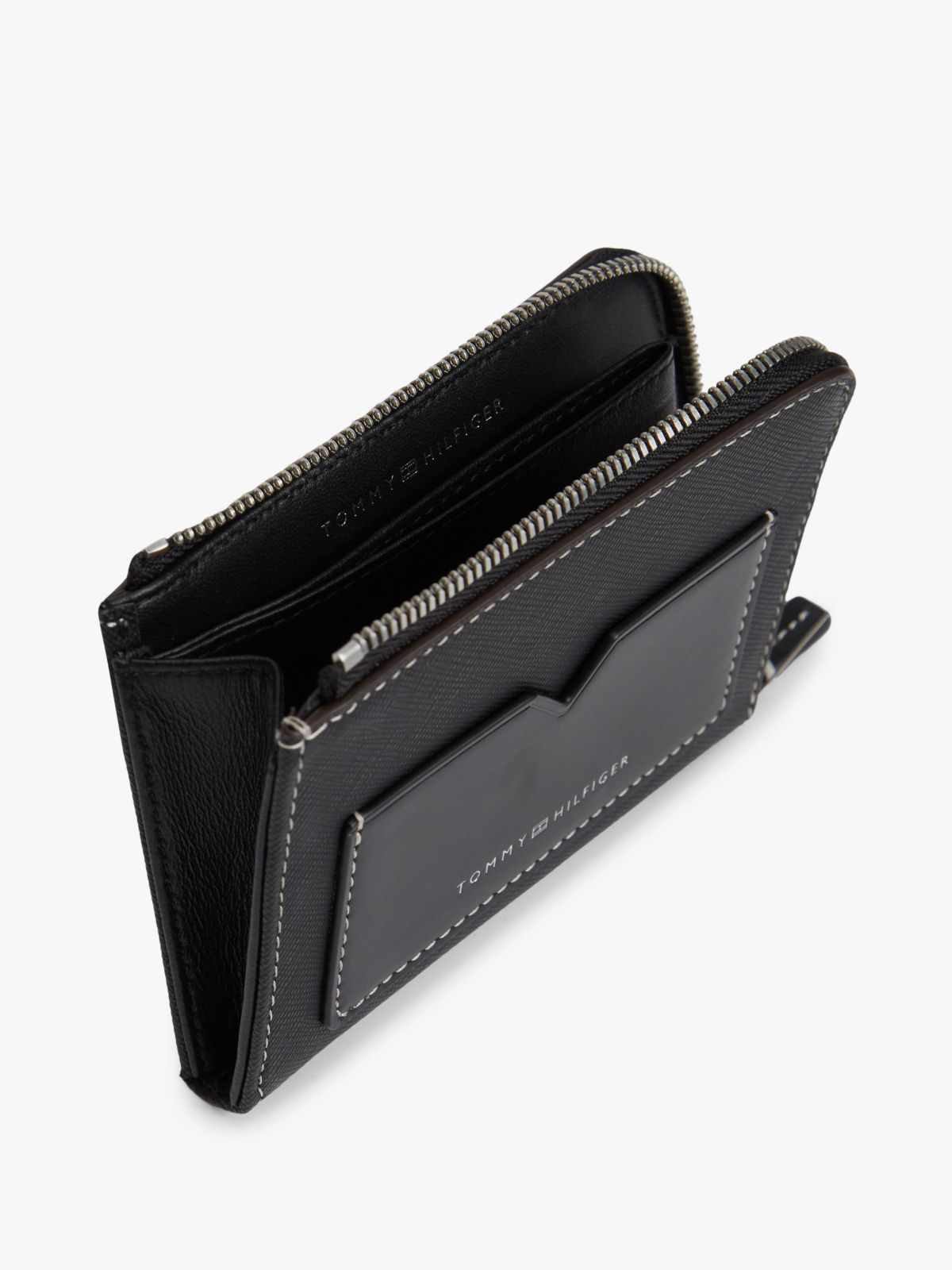 Leather Contrast Topstitch Zip-Around Wallet — Black
