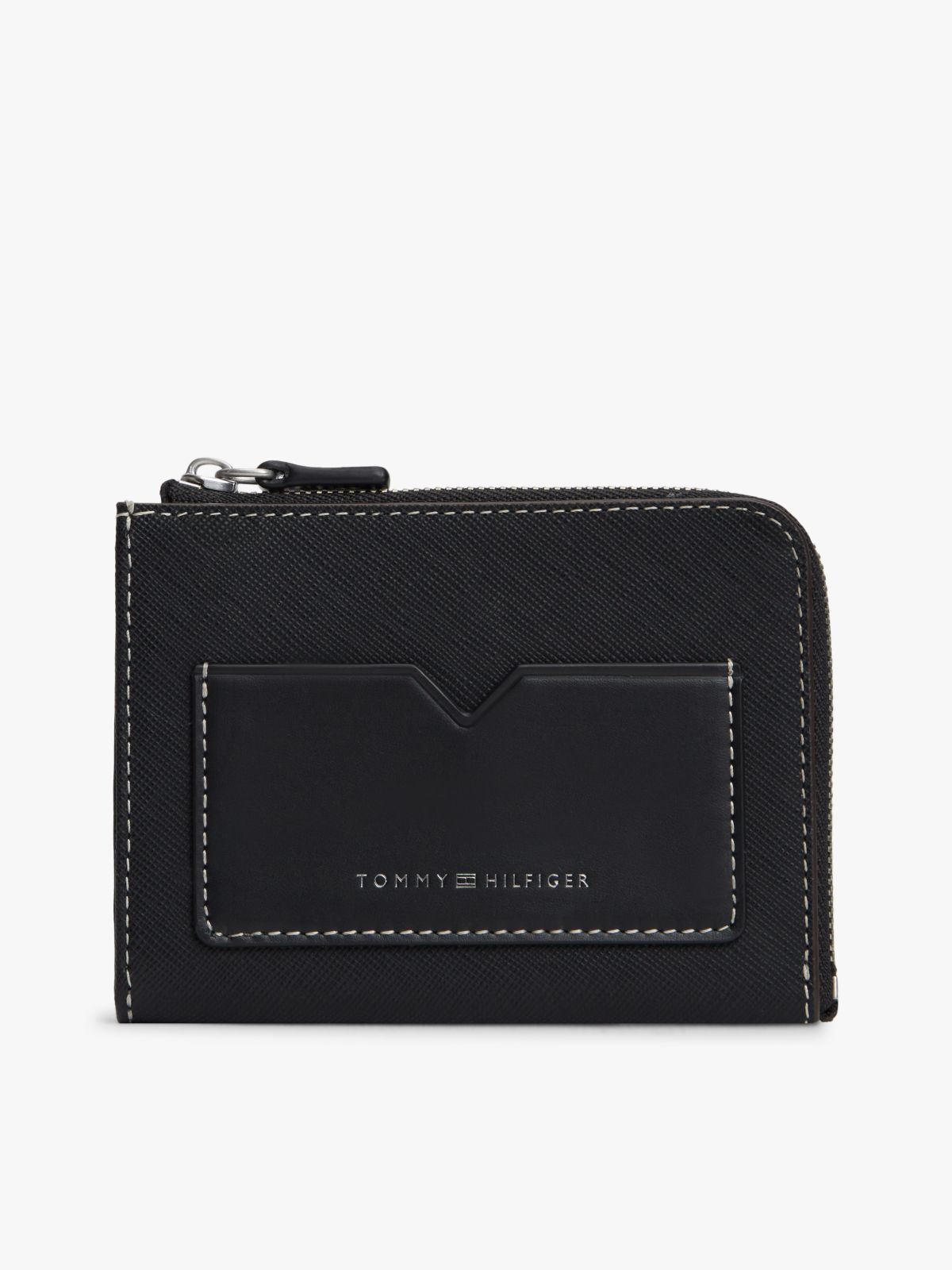 Leather Contrast Topstitch Zip-Around Wallet — Black