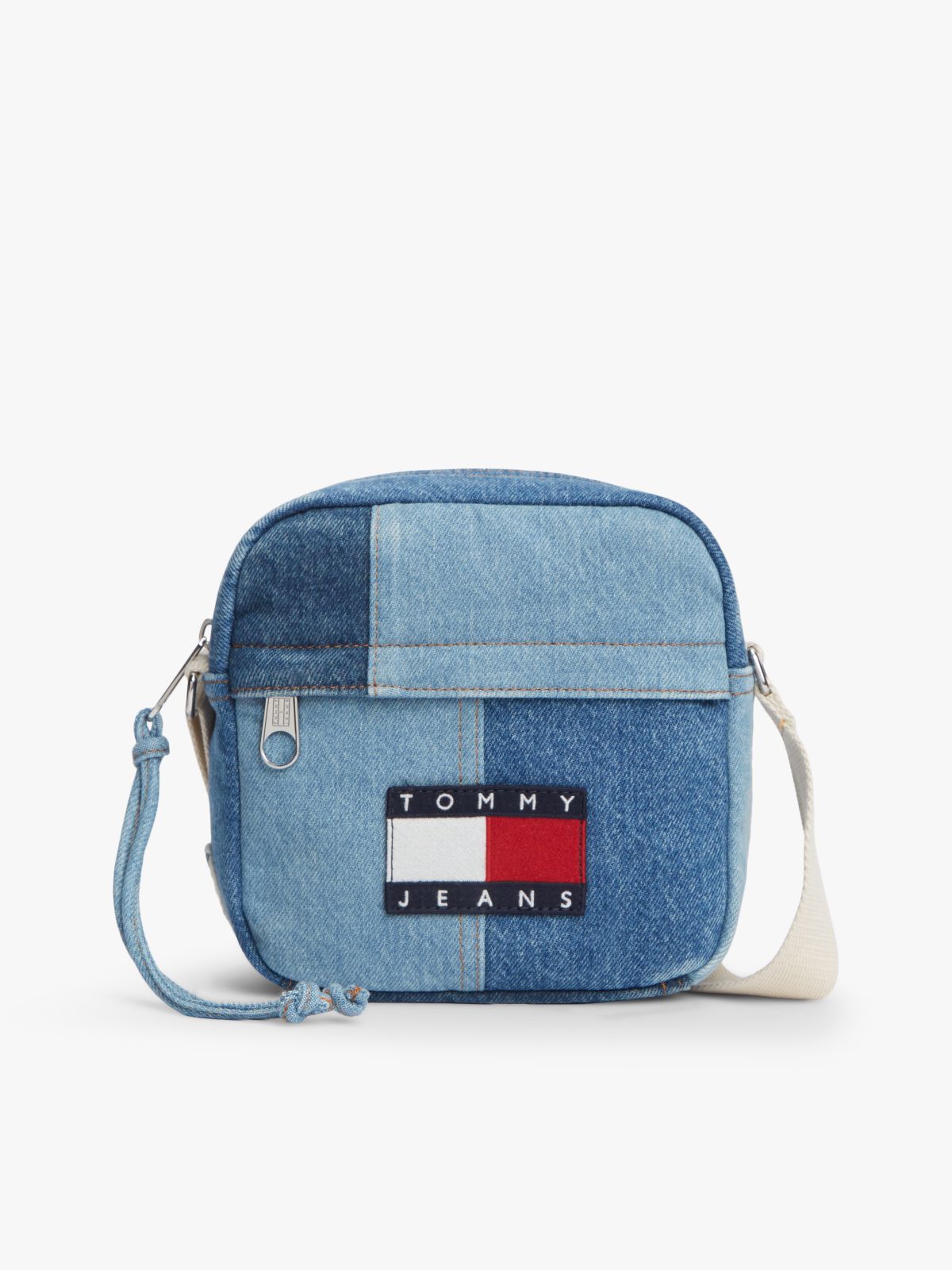 Logo Patchwork Denim Crossbody Reporter Bag — Blue