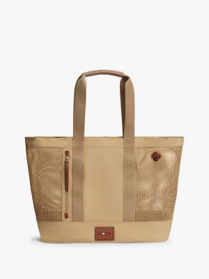 khaki mesh panel beach tote bag for men tommy hilfiger