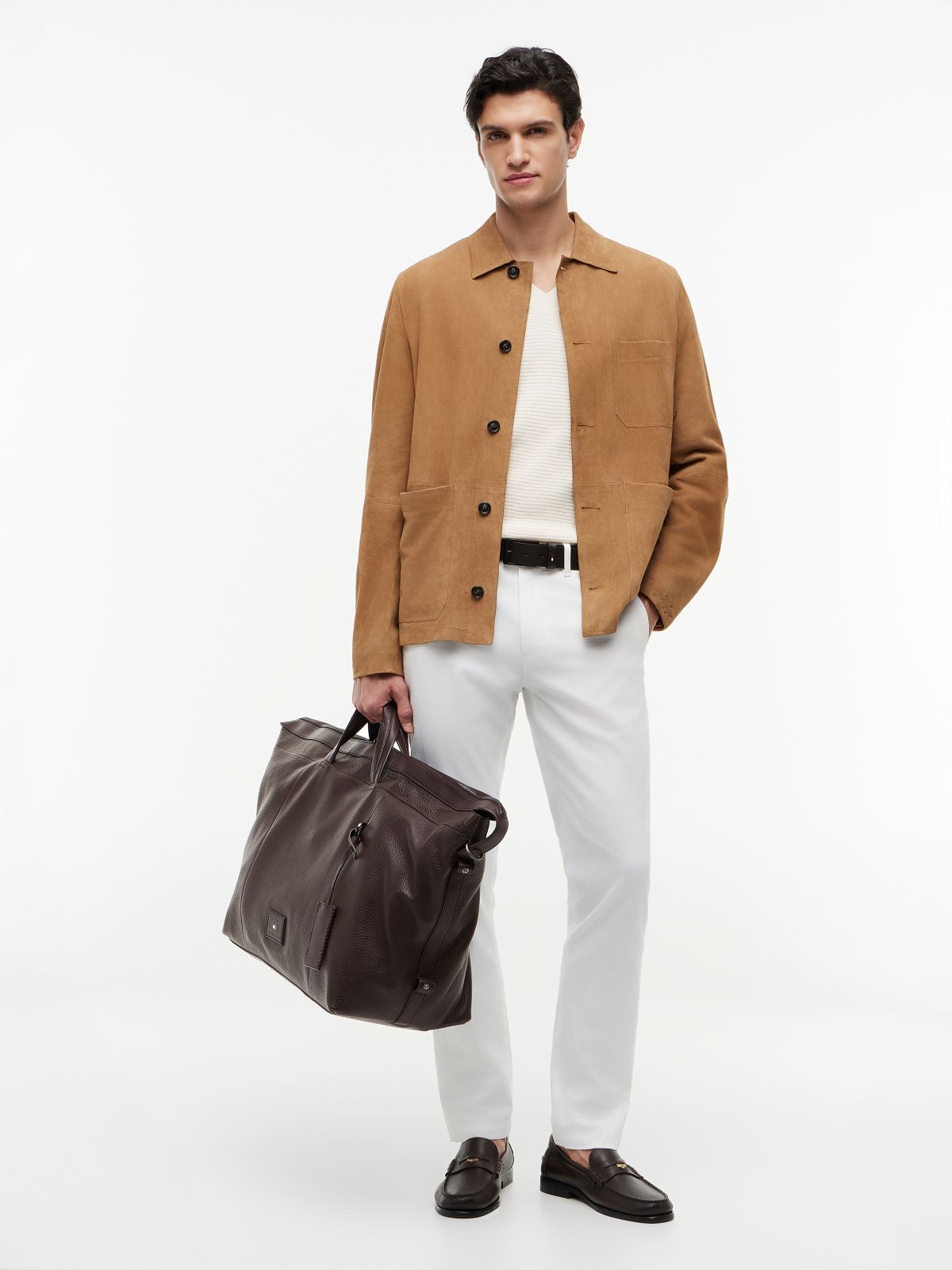 Logo Patch Casual Leather Duffel Bag — Brown