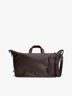 brown logo patch casual leather duffel bag for men tommy hilfiger
