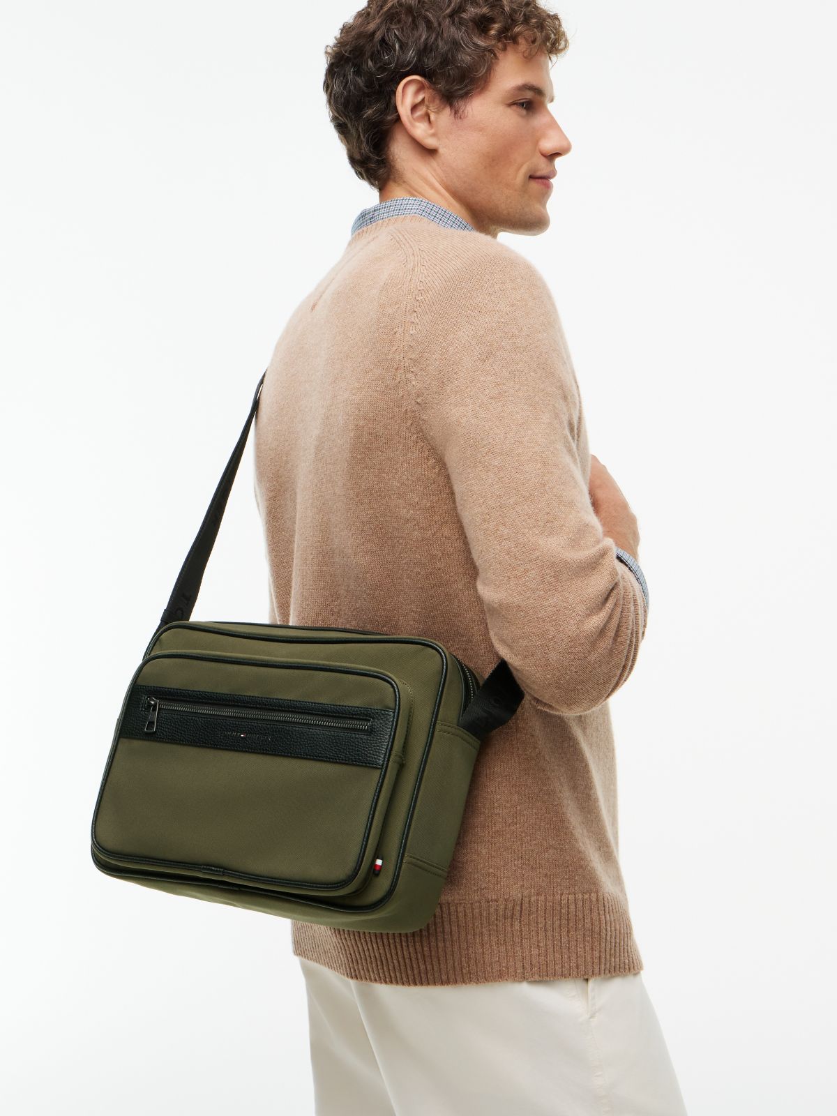 Textile Crossbody Messenger Bag — Khaki