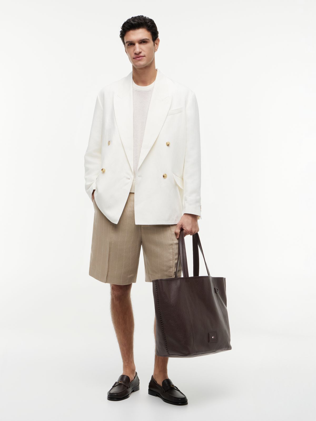 Logo Patch Leather Tote Bag — Brown