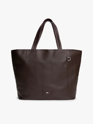 brown logo patch leather tote bag for men tommy hilfiger