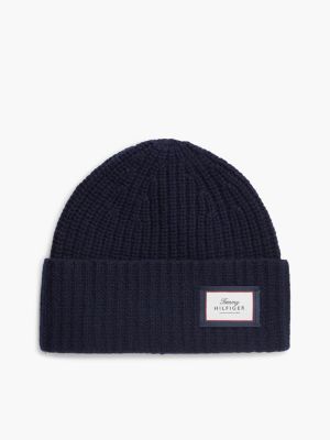 blue pure wool chunky rib-knit beanie for men tommy hilfiger