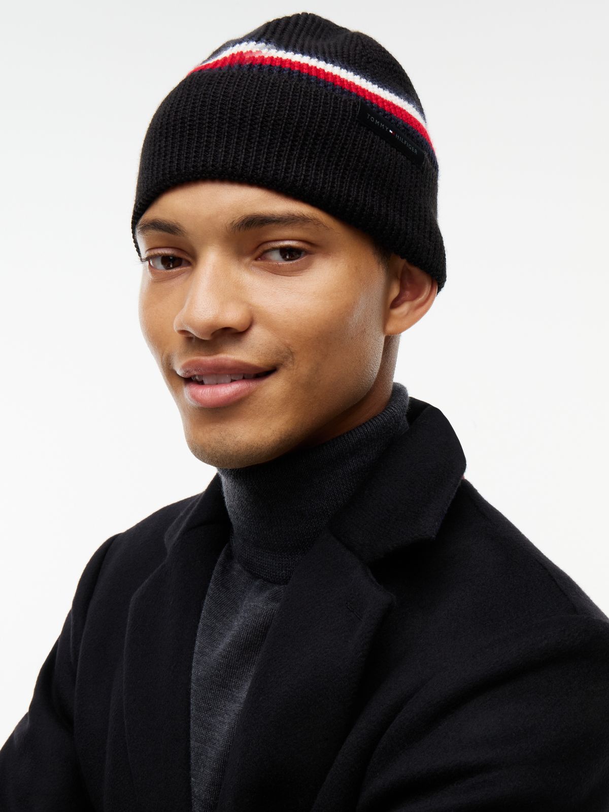 Wool Blend Global Stripe Beanie — Black