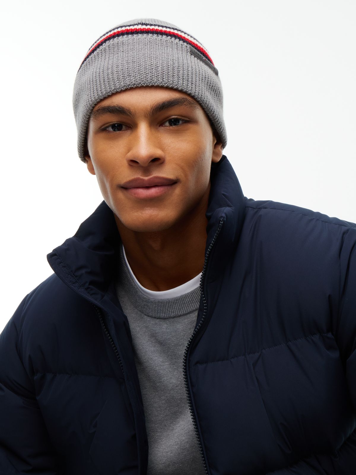 Wool Blend Global Stripe Beanie — Grey
