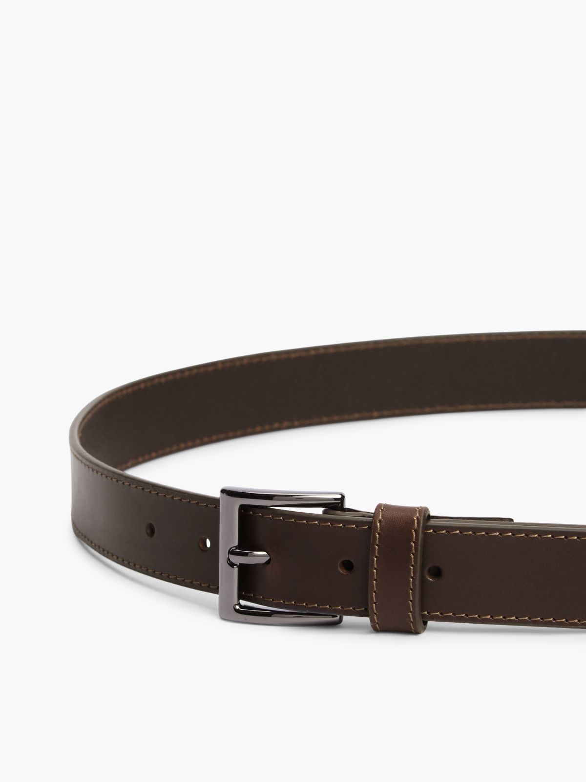 Topstitch Square Buckle Leather Belt — Brown
