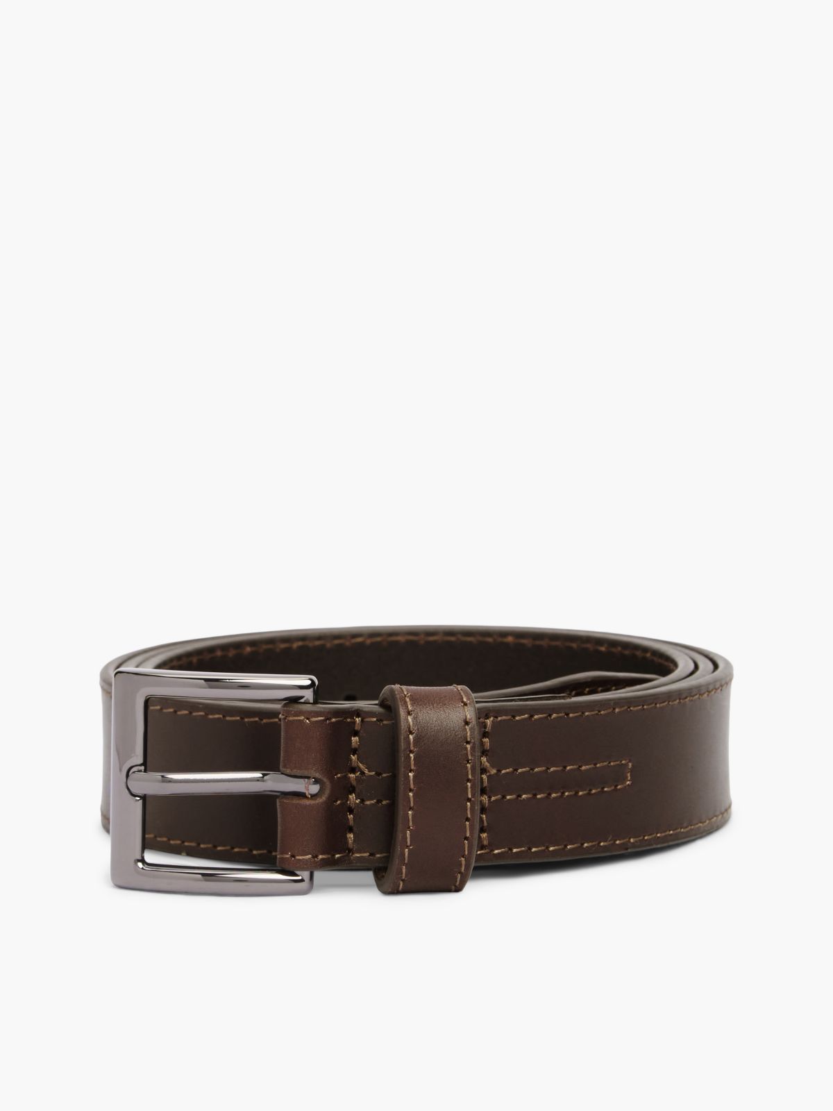Topstitch Square Buckle Leather Belt — Brown