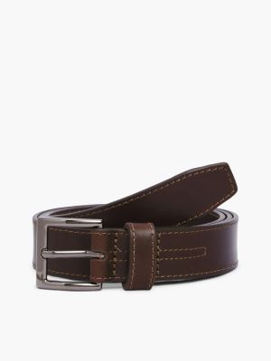 ceinture en cuir à surpiqûres et boucle carrée brown pour hommes tommy hilfiger