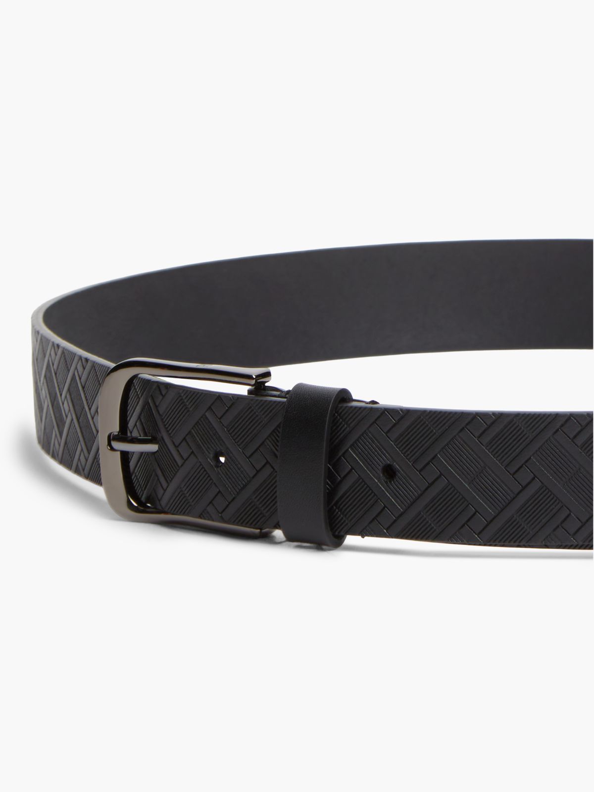 Flag Embossed Square Buckle Leather Belt — Black