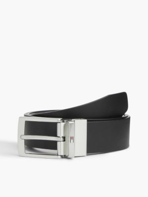 black textured leather reversible square buckle belt for men tommy hilfiger