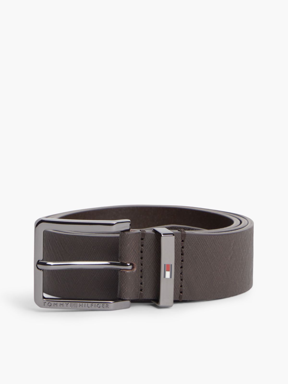 Leather Logo Square Buckle Textured Belt — Brown
