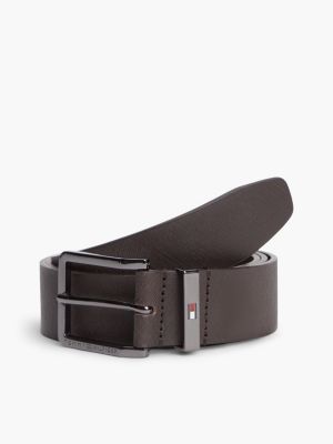 brown leather logo square buckle textured belt for men tommy hilfiger