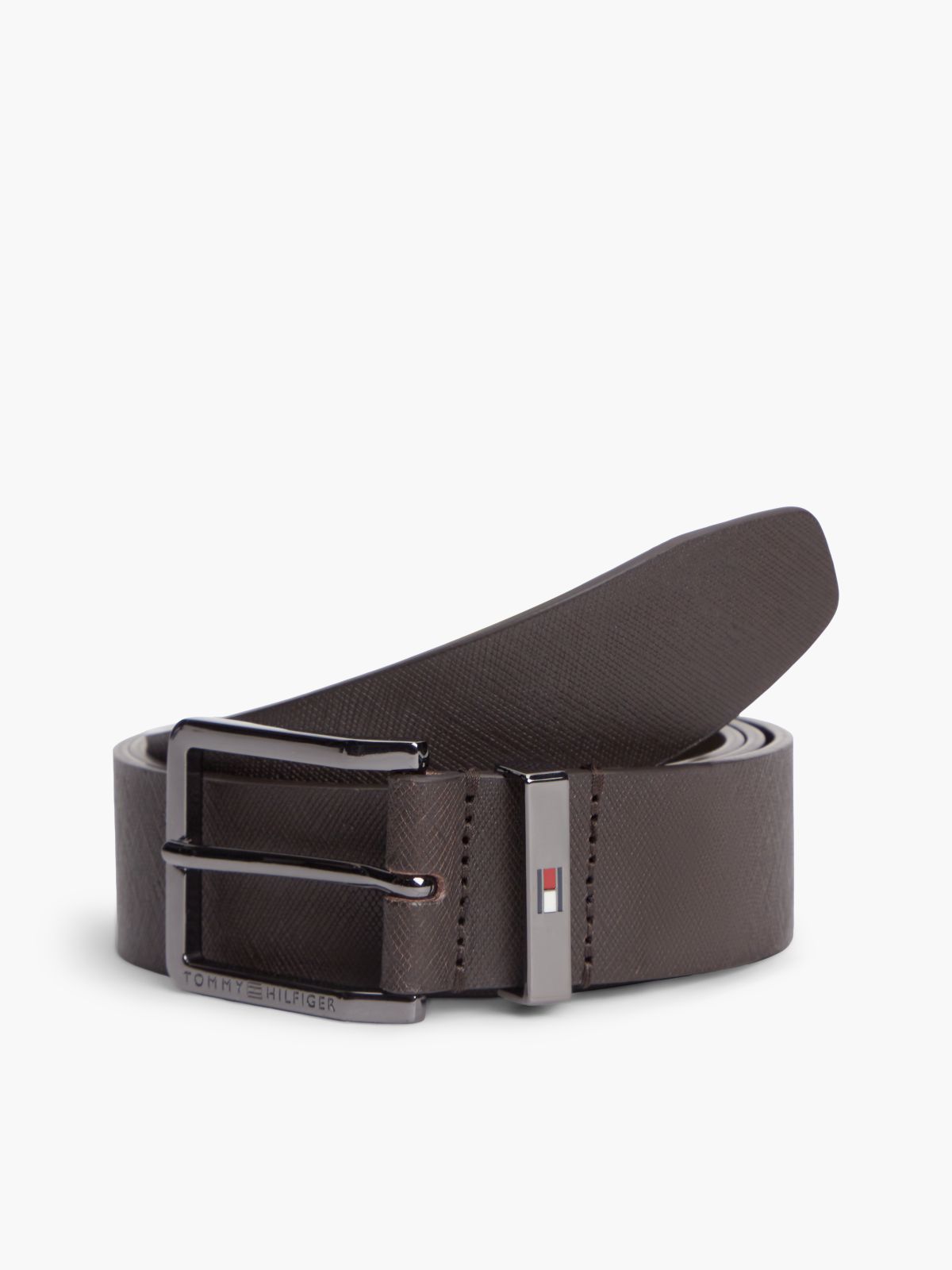Leather Logo Square Buckle Textured Belt — Brown