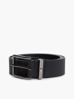 Leather Logo Square Buckle Textured Belt — Black 3