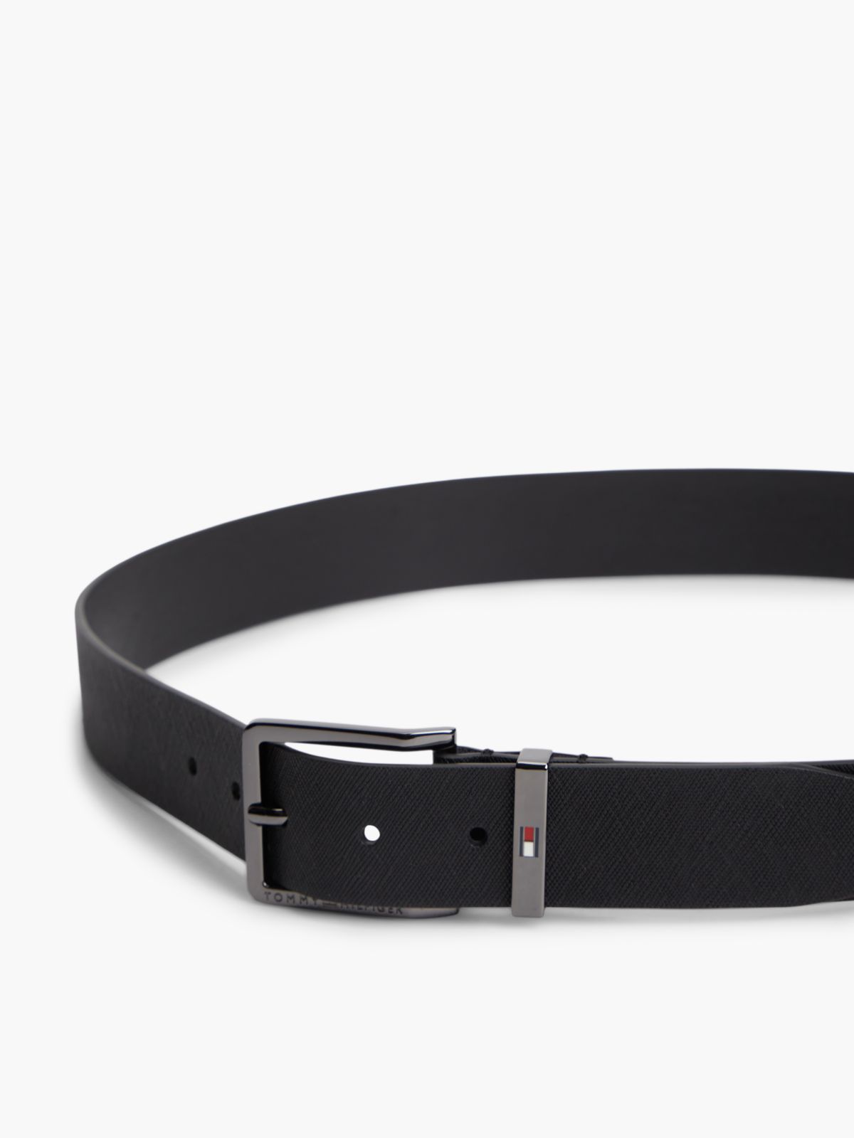 Leather Logo Square Buckle Textured Belt — Black