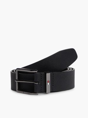 black leather logo square buckle textured belt for men tommy hilfiger