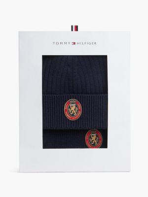 blue crest scarf and beanie gift box with wool for men tommy hilfiger