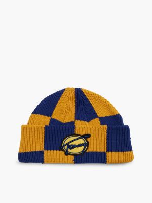 blue signature logo rib-knit short beanie for men tommy jeans