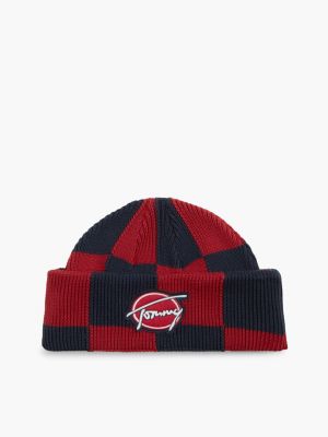 red signature logo rib-knit short beanie for men tommy jeans