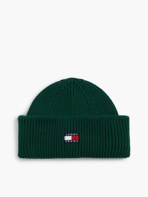 green heritage logo rib-knit short beanie for men tommy jeans