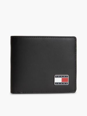 black leather logo plaque bifold wallet for men tommy jeans