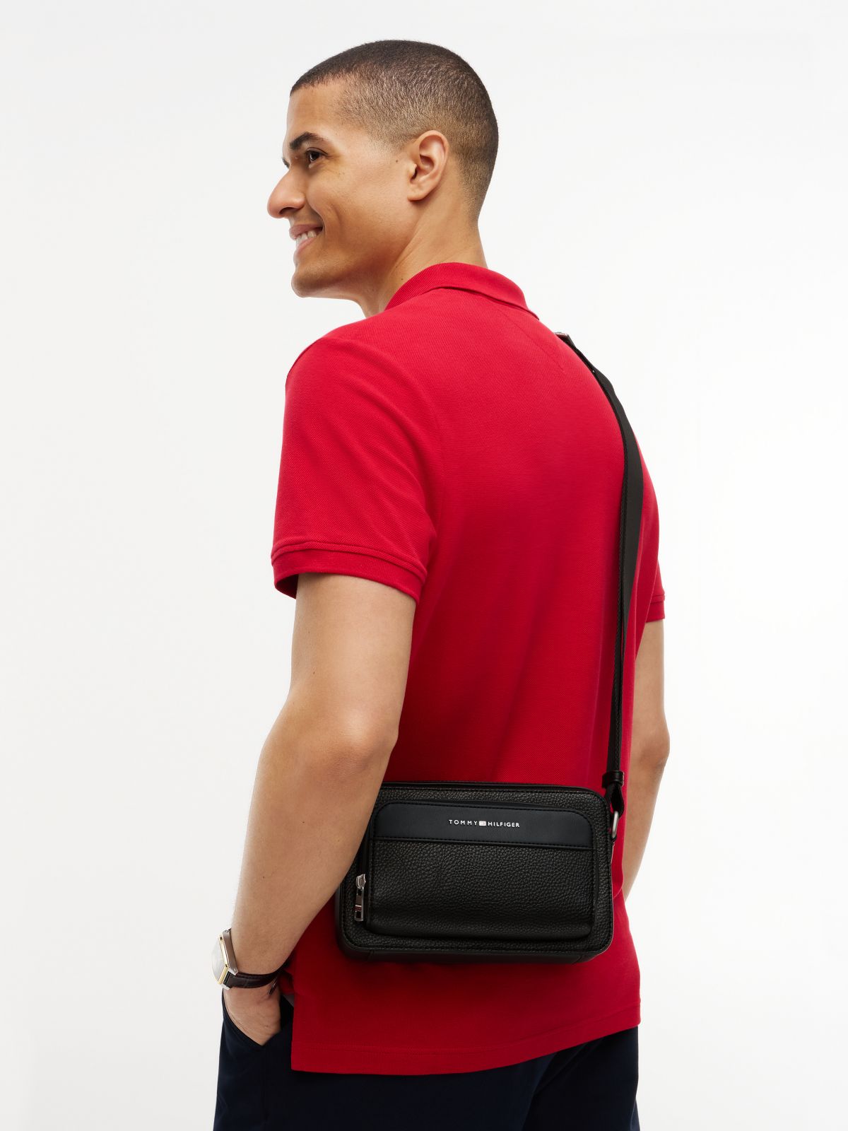Metal Logo Textured Crossbody Reporter Bag — Black