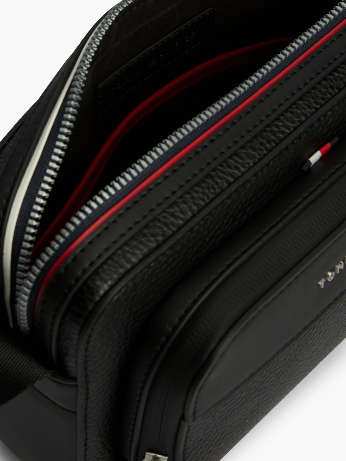 Metal Logo Textured Crossbody Reporter Bag — Black
