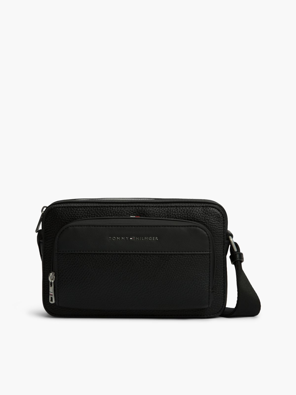 Metal Logo Textured Crossbody Reporter Bag — Black
