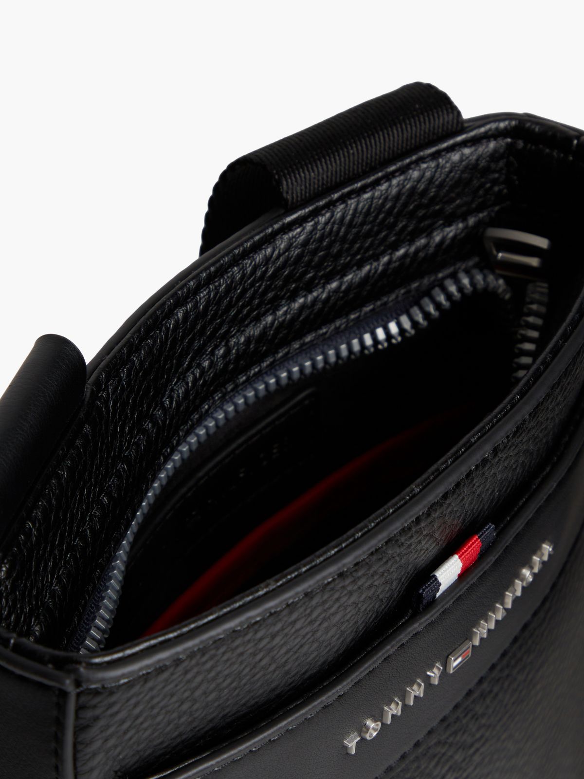 Metal Logo Textured Crossbody Bag — Black