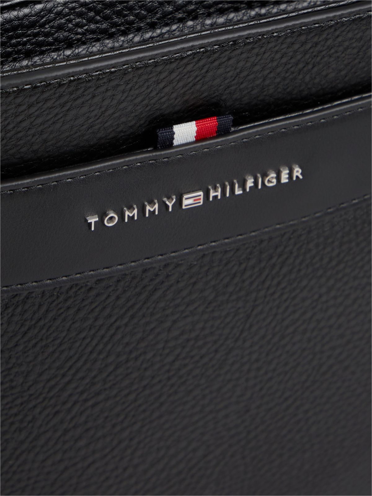 Metal Logo Textured Crossbody Bag — Black