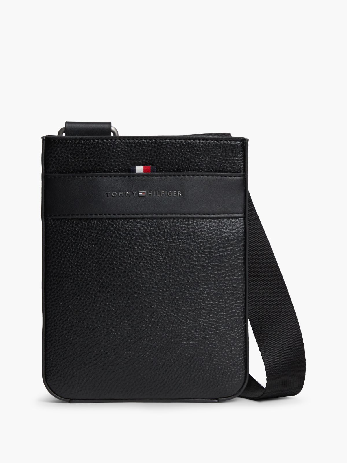 Metal Logo Textured Crossbody Bag — Black