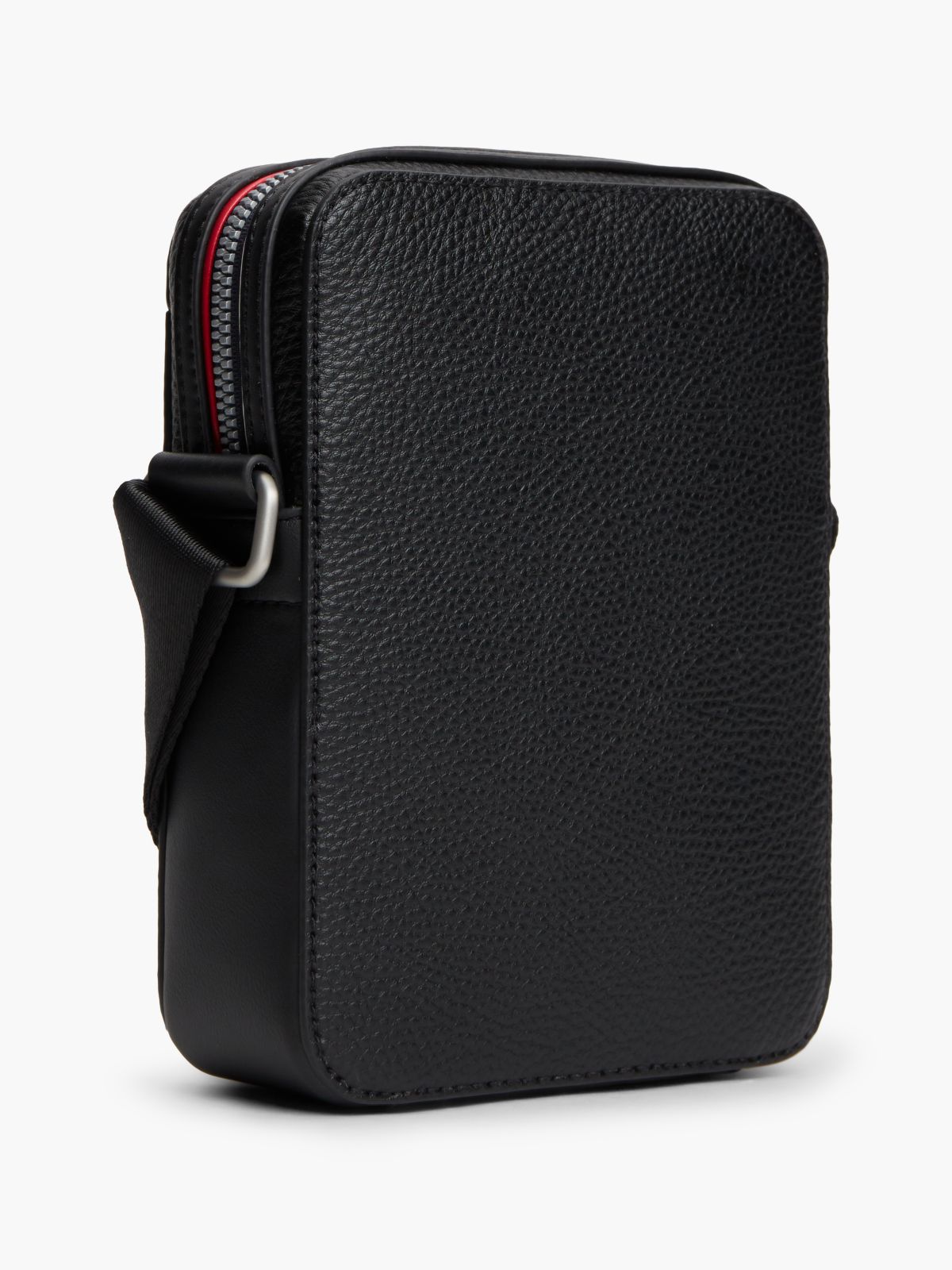 Metal Logo Textured Crossbody Reporter Bag — Black