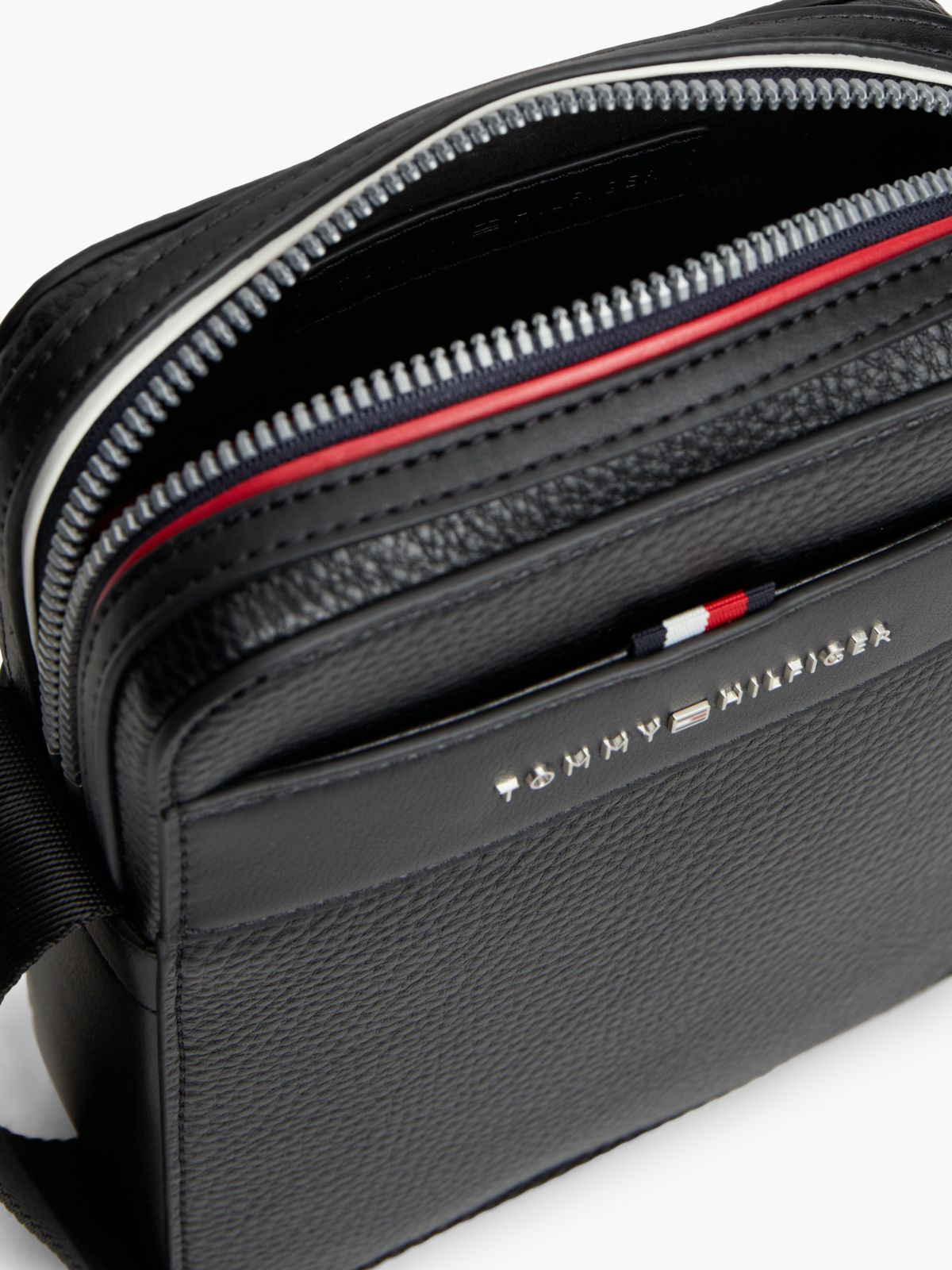 Metal Logo Textured Crossbody Reporter Bag — Black