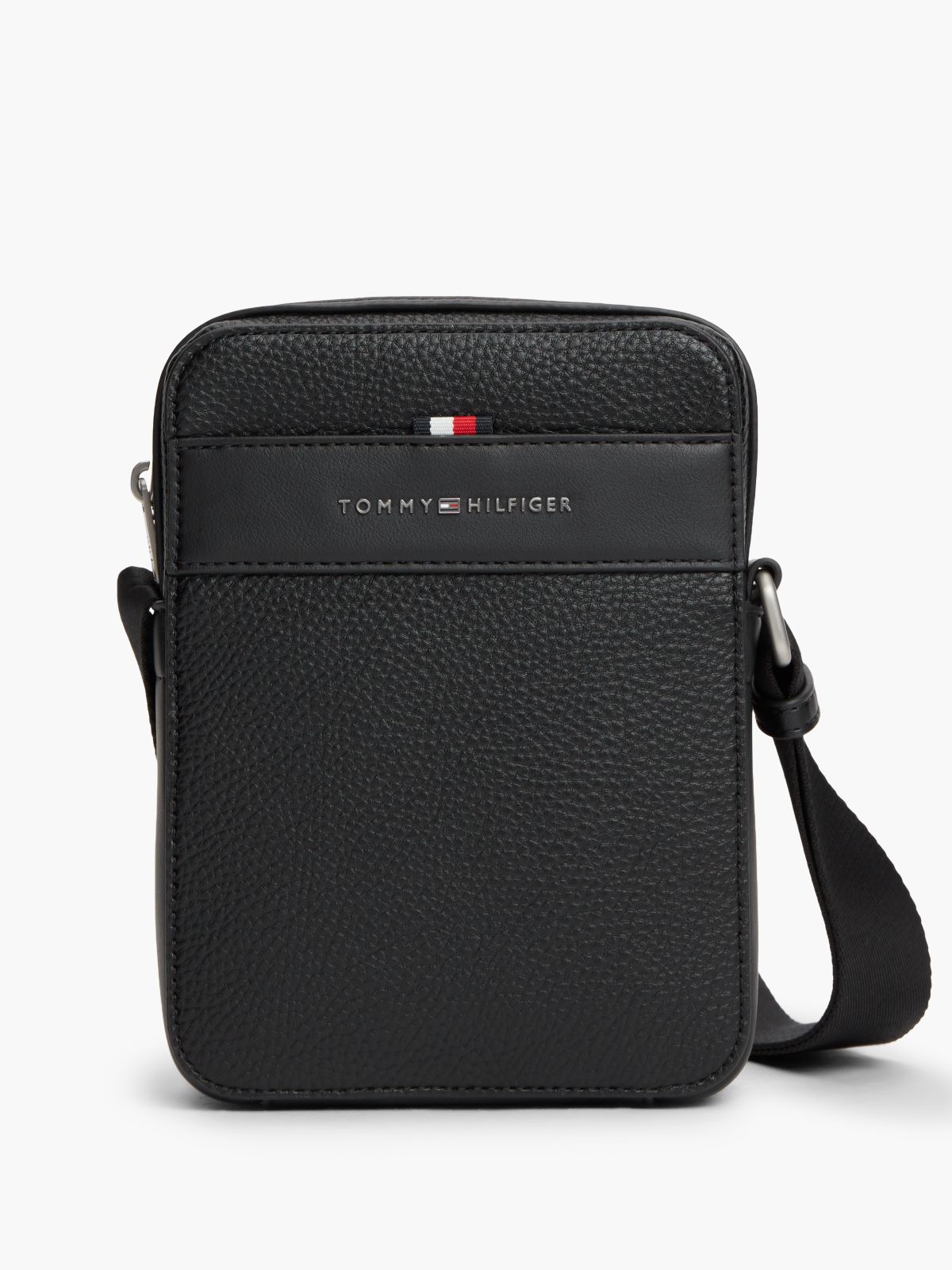 Metal Logo Textured Crossbody Reporter Bag — Black