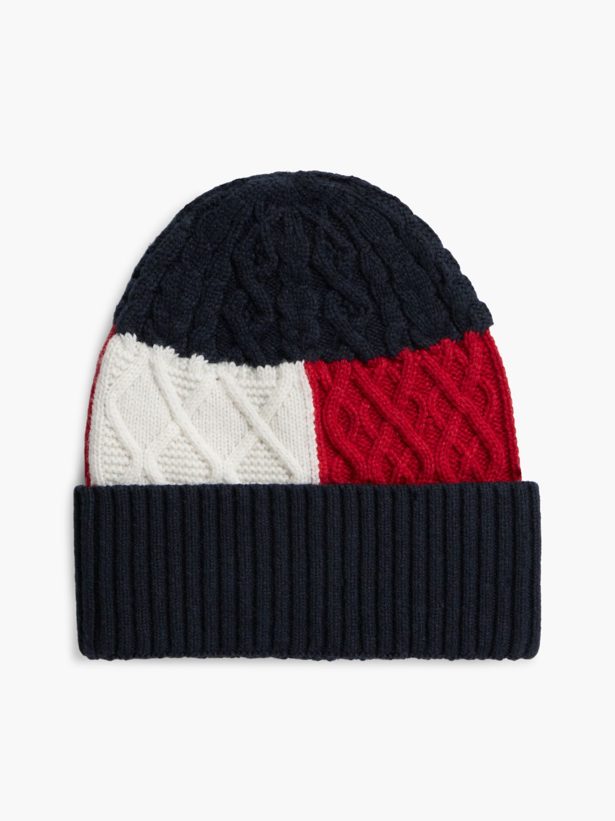 Wool Blend Cable Knit Flag Beanie — Blue