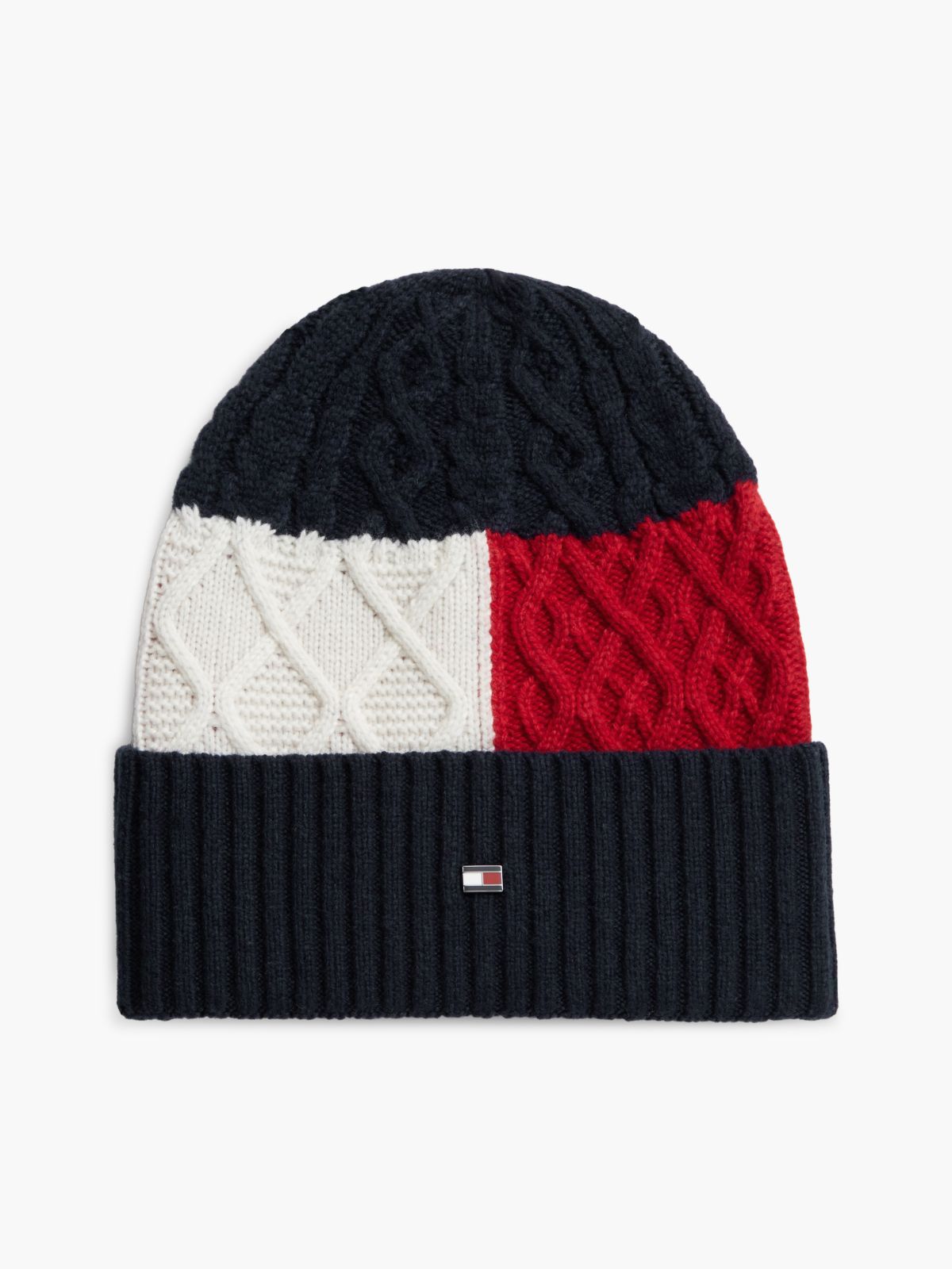 Wool Blend Cable Knit Flag Beanie — Blue