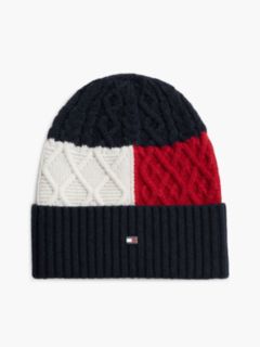 Wool Blend Cable Knit Flag Beanie — Blue 1