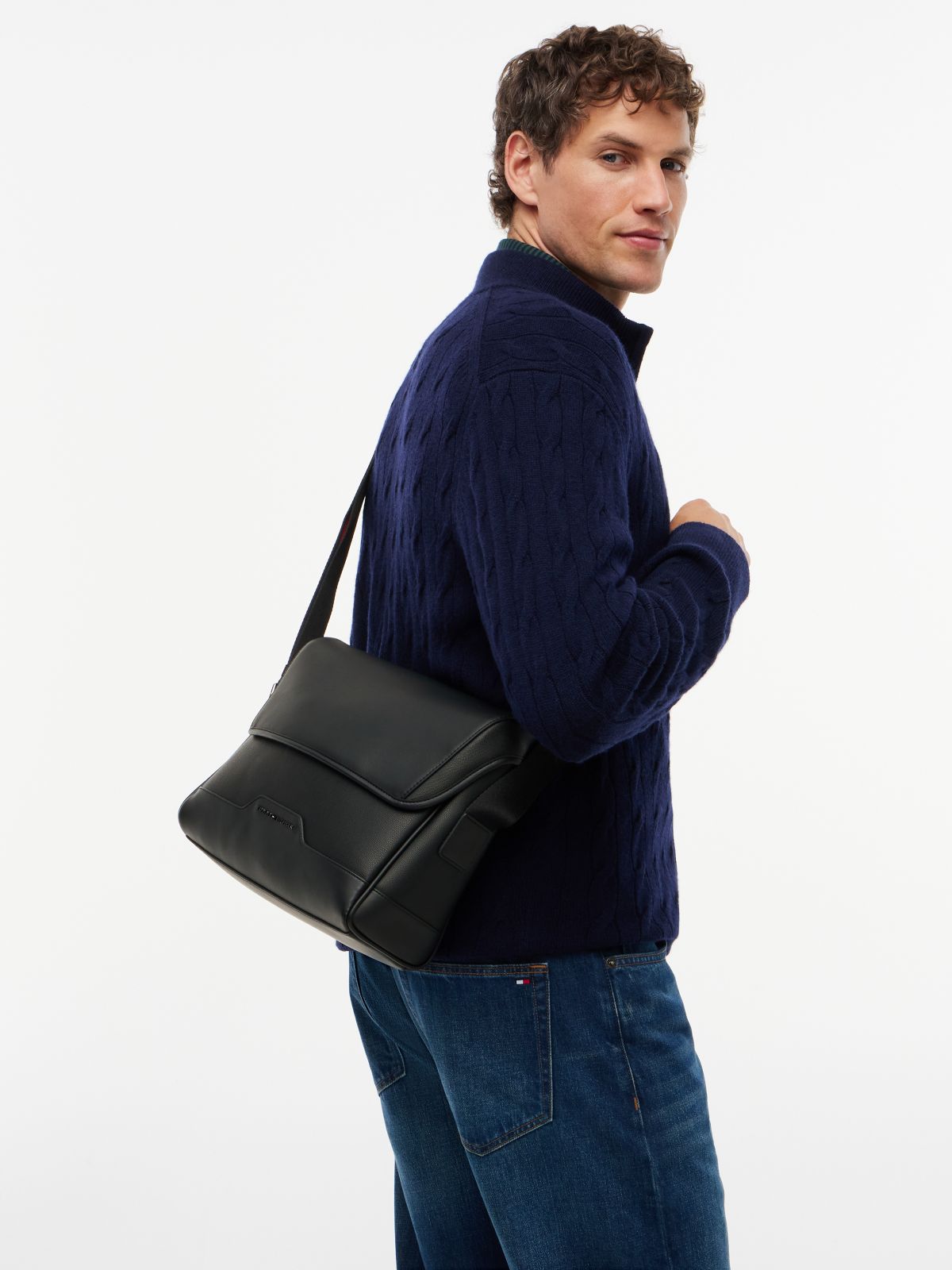 Global Stripe Strap Textured Messenger Bag — Black